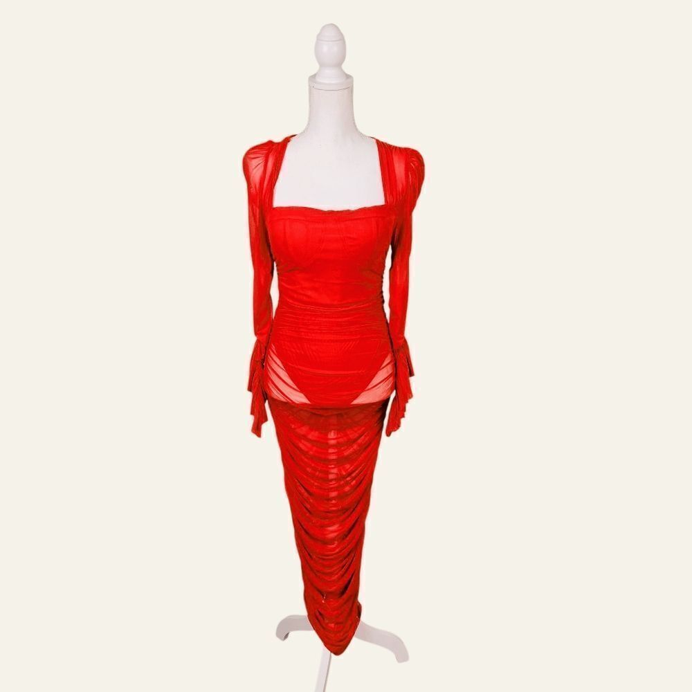 Fashion Nova Mesh With His Head Ruched Dress – Red Lrg